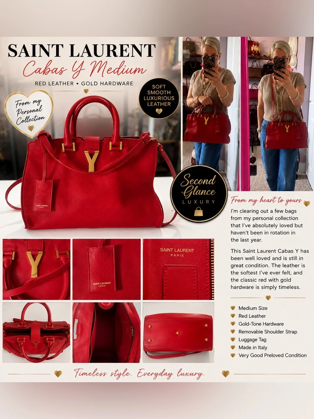 Saint Laurent Red Leather Cabas Y Medium Tote with Gold-Tone Hardware - Picture 2 of 15